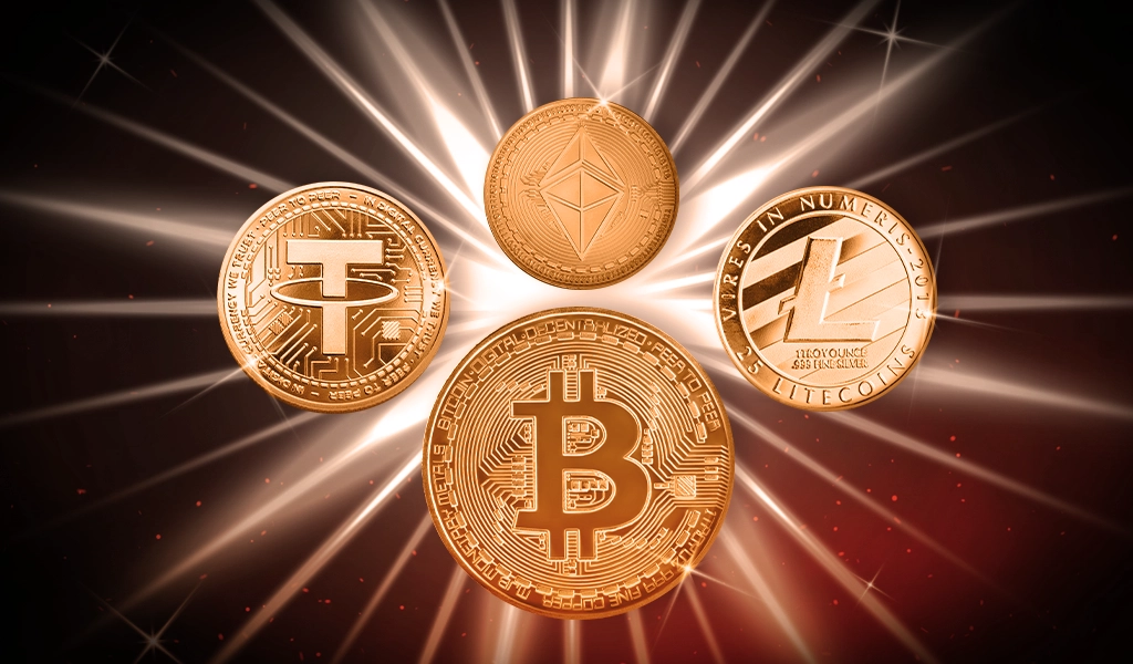 Shining graphic of four coins with logos of cryptocurrencies Bitcoin, Tether, Ethereum and Litecoin.