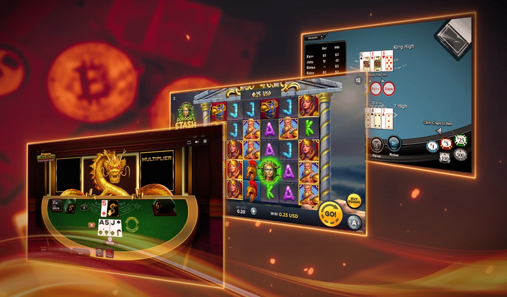 Various online casino game screens featuring slot games, card games, coins, jackpots and symbols. 