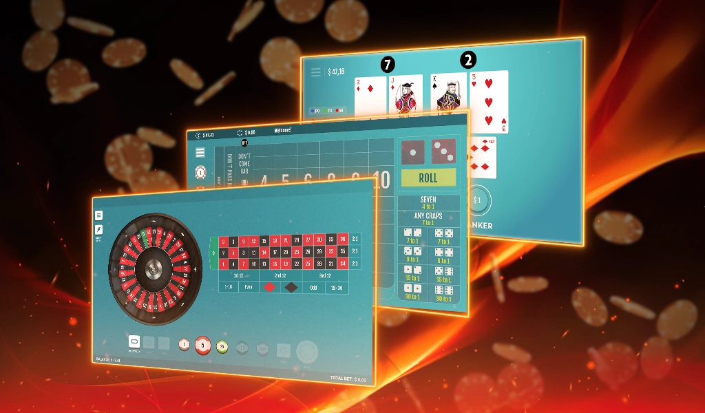 Various online casino game screens featuring classic table games such as roulette, craps and blackjack.