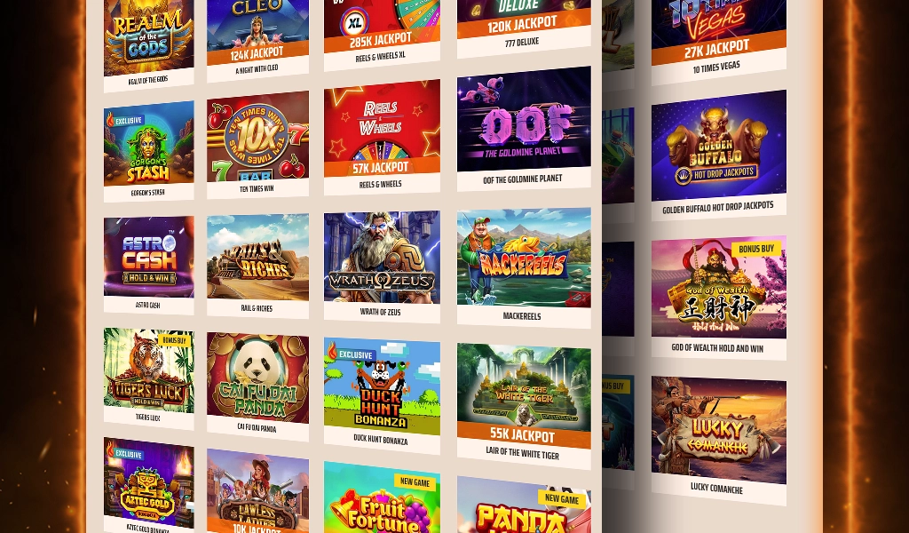 Display showing a very wide array of online pokies games featuring casino, animals, characters, and fantastic worlds.